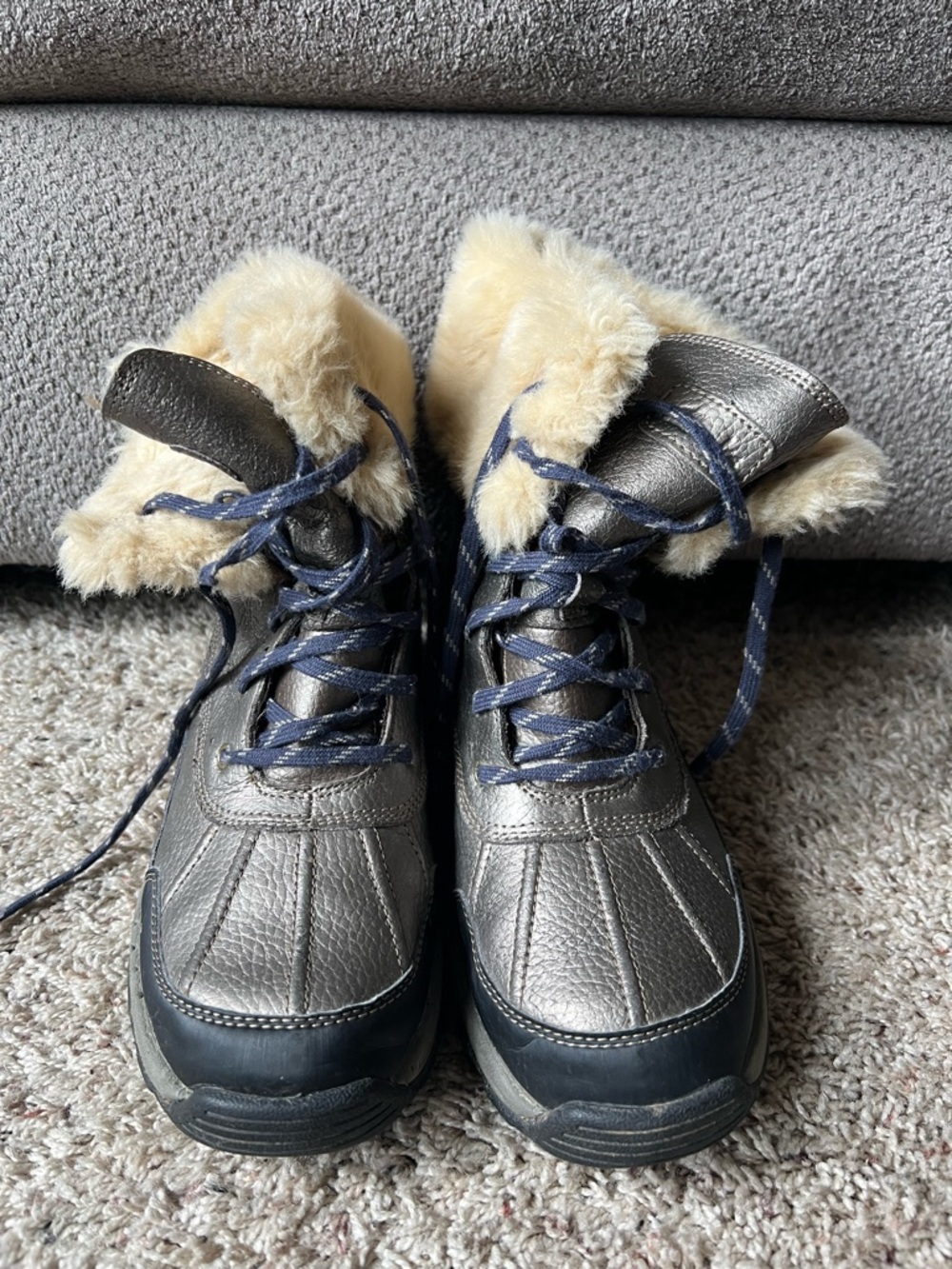Clarks Metallic Gray Winter Boots with Cream Faux Fur Cuff
